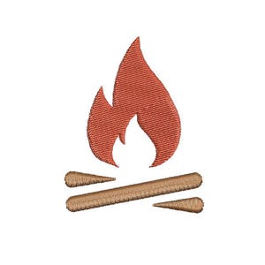 May include: An embroidered design of a campfire. The flames are a reddish-orange color, and the logs are brown. The design is on a white background. This image is suitable for patches, stickers, or other craft projects.