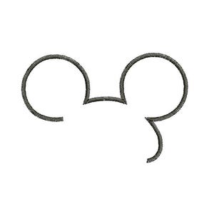 May include: A dark gray embroidered outline of a cartoon mouse head with two circular ears and a curved head. The design is on a white background.