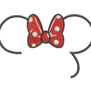 May include: Black and white outline of a pair of mouse ears with a red bow with white polka dots in the center.