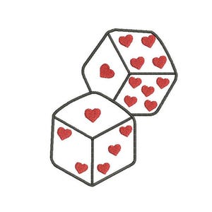 Könnte beinhalten: Zwei Würfel mit schwarzem Umriss und roten Herzen auf jeder Seite. Die Würfel sind übereinander gestapelt.