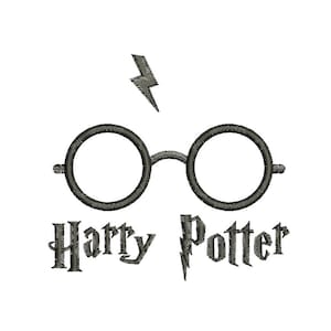 May include: Black and white illustration of Harry Potter's round glasses with a lightning bolt above them. The text "Harry Potter" is below the glasses.