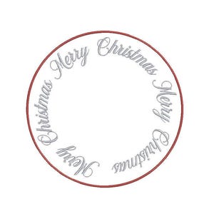 以下が含まれることがあります： 円形の赤い枠の中に、銀色の筆記体で「Merry Christmas」という文字が書かれている。