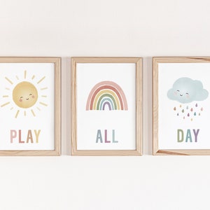 Jugar todo el día signo, arte de pared de 3 piezas, impresión del arco iris de la nube del sol, permite jugar, decoración de la pared de la sala de juegos, cartel escandinavo, decoración de la habitación de los niños, DIGITAL
