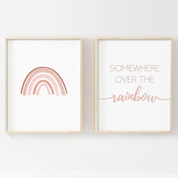 Somewhere Over the Rainbow Print, Printable Nursery Wall Art, Set of Two Prints, Blush Pink Wall Art, Boho Rainbow Print, Hygge Decor