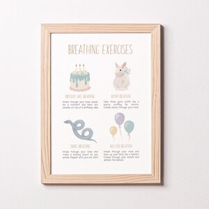 May include: A printable poster with illustrations of a birthday cake, bunny, snake, and balloon. The poster includes instructions for four different breathing exercises: Birthday Cake Breathing, Bunny Breathing, Snake Breathing, and Balloon Breathing.