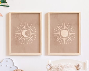 Sun and Moon, Wall Prints Set Of 2, Moon Phase Art, Celestial Wall Art, One Line Art, Mid Century Modern Wall Art, Scandinavian Poster