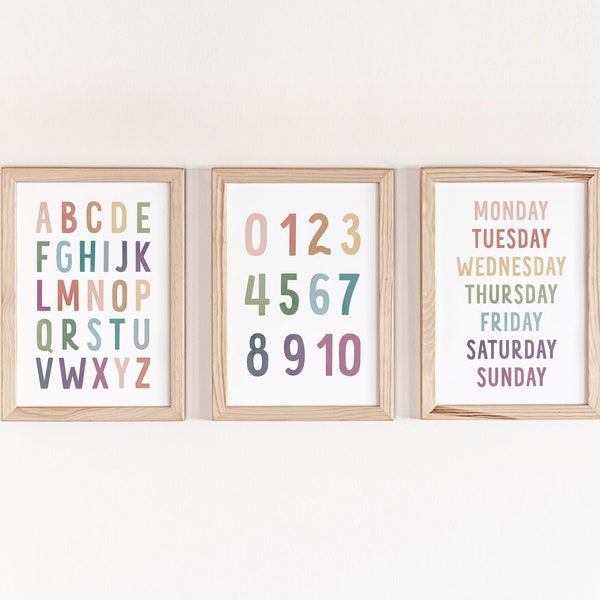 ABC Poster, Alphabet Print, 3 Piece Wall Art, Educational Posters, Days Of The Week & Numbers, Nursery Decor, Playroom, PRINTABLE Wall Art