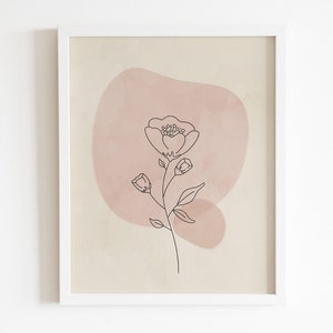 Peinture florale abstraite, dessin floral en un trait, impression de chambre d'enfant bohème, art mural rose poudré, décoration de chambre d'enfant, affiche botanique, dessin au trait