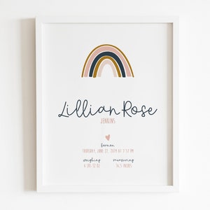 Impresión boho arcoíris con estadísticas de nacimiento, anuncio de nacimiento boho, rubor de signo de nombre de bebé, arte de pared de guardería, DESCARGA DIGITAL
