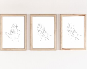 Ensemble d'impression d'art au trait Main dans la main : décoration de chambre d'enfant mère et enfant (téléchargement numérique)