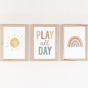 Jugar todo el día signo, arte de pared de 3 piezas, impresión de sol y arco iris, permite jugar, decoración de la pared de la sala de juegos, cartel escandinavo, decoración de la habitación de los niños, DIGITAL