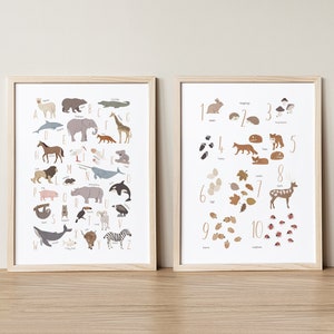 Conjunto de 2 carteles educativos, cartel de animales del alfabeto, alfabeto y números de animales, cartel de 123 Abc, vivero del bosque, aula DIGITAL