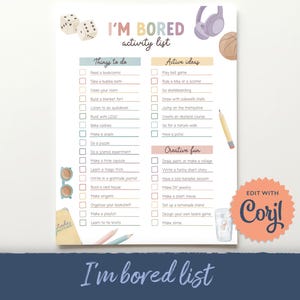 Könnte beinhalten: Eine druckbare Aktivitätenliste mit dem Titel I'M BORED activity list mit drei Spalten namens Things to do, Active ideas und Creative fun. Die Seite enthält Illustrationen von Würfeln, Kopfhörern, einem Basketball, einem Bleistift, einer Sonnenbrille und einem Tagebuch.