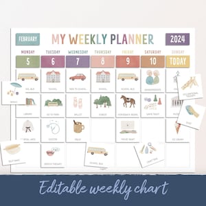 Bewerkbare weekplanner met kaarten, visueel wekelijks schema, kinderkalender, takenschema, routineschema peuter, Montessori, DIGITALE AFDRUKBAAR