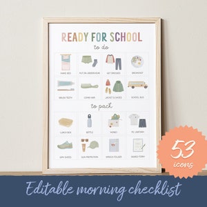 Liste de contrôle du matin scolaire, tableau modifiable des routines du matin scolaire, liste de contrôle pour sac à dos, tableau prêt pour l'école, maternelle, préscolaire numérique
