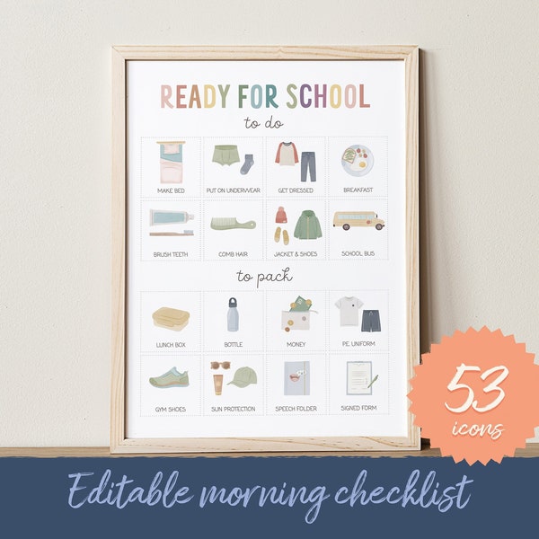 School Morning Checklist, Editable School Morning Routine Chart, Backpack Checklist, Ready For School Chart, Kindergarten, Preschool DIGITAL