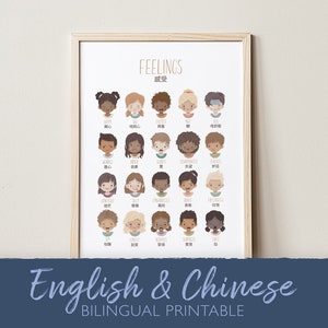 Tweetalige Chinese taalgevoelens poster, Chinees afdrukbaar, educatieve emoties grafiek, kalmerende hoek, klas decor, digitaal