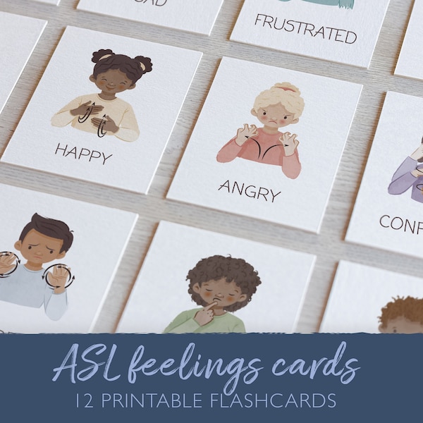 ASL Emotion Flashcards, Sign Language Feelings Flash Cards, Montessori, Therapy Office Decor, Emotions Chart, School Counselor, DIGITAL