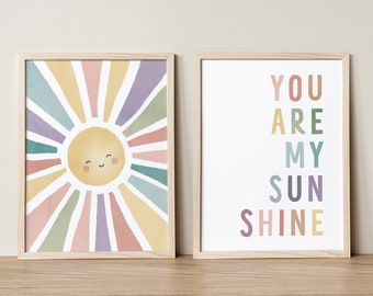 Je bent mijn zonneschijn kunst aan de muur, Happy Sun Boho Print Set van 2, 2-delige kunst aan de muur, Sun Nursery Decor, Kinderkamer Sunburst Wall Art, DIGITAAL