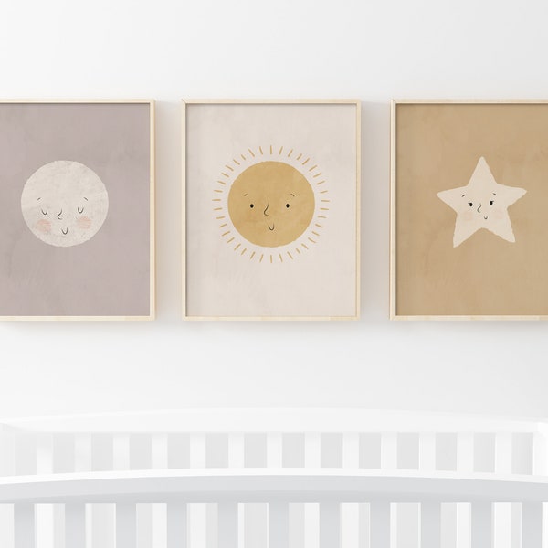 Nursery Sun and Moon Print, 3 Piece Wall Art, Gallery Wall Set, Full Moon Print, Boho Printable, Sun And Moon Decor, Kids Wall Art