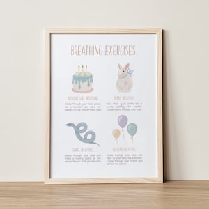 May include: A printable poster with illustrations of a birthday cake, bunny, snake, and balloon. The poster includes instructions for four breathing exercises: Birthday Cake Breathing, Bunny Breathing, Snake Breathing, and Balloon Breathing.