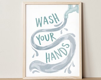 Was je handen teken afdrukbaar, kinderen badkamer teken, handen wassen poster, badkamer regels, toilet print, grappige badkamer kunst, kinder kunst, digitaal