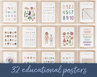 May include: A set of 32 educational posters for children. The posters feature colourful illustrations and text, covering topics such as the alphabet, shapes, numbers, weather, vegetables, multiplication, body parts, fruits, days of the week, telling time, maths symbols, and more.