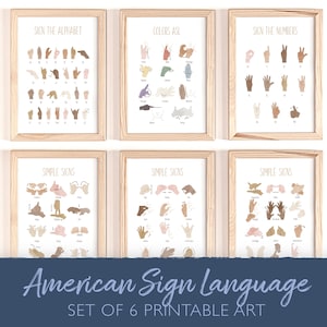 ASL, Amerikanische Gebärdensprache Kunst, 6er-Set, ASL Alphabet Poster, Babyzeichensprache, Lernposter, Spielzimmer, Sonderpädagogik, DIGITAL