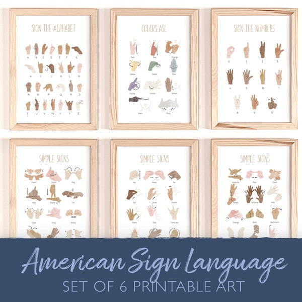 ASL, American Sign Language Art, Set of 6, ASL Alphabet Poster, Baby Sign Language, Educational Posters, Playroom, Special Education,DIGITAL