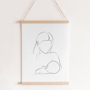 授乳アート、ワンラインアート、授乳中の母親、線画プリント、母と子のアート、白黒の細い線、子供部屋の装飾