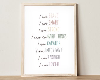 Affirmations For Kids, I Am Enough, Calming Corner Decor, Daily Affirmations, School Counselor, Feelings, Therapy Office Decor, DIGITAL