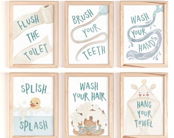 Kids Bathroom Set of 6 Printables, Kids Bathroom Signs, Wash Your Hands Poster, Brush Your Teeth, Bathroom Rules, Toilet Print, DIGITAL