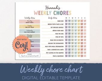 Tabella modificabile delle faccende domestiche per bambini: Tracker settimanale delle responsabilità (digitale)