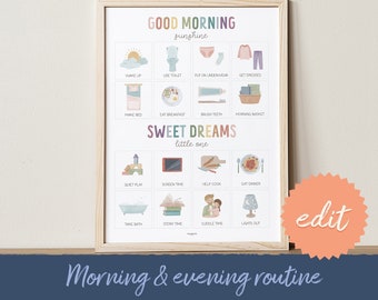 Editable Kids Routine Chart, Morning Routine, Toddler Bedtime Routine, Rise And Shine, Sweet Dreams, Chore Chart, Visual Schedule, DIGITAL