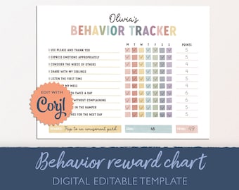 May include: A printable behavior tracker chart for kids with a colorful rainbow design. The chart includes a list of positive behaviors, a daily check-off grid, and a points system. The reward for achieving the goal is a trip to an amusement park. The chart is editable using the Corjl app.