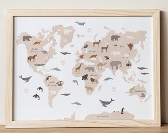 Animal World Map Poster: Educational Playroom Decor (Digital Download)