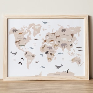 Animal World Map, World Map Poster, Playroom Wall Decor, Classroom Decor, World Map Wall Art, Homeschool Printables, Educational Posters