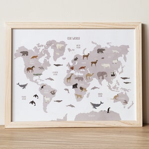 Weltkarte, Weltkarte Tiere, Weltkarte Poster, Tiere der Welt, Weltkarte Wandkunst, Lernposter, Weihnachtsgeschenk
