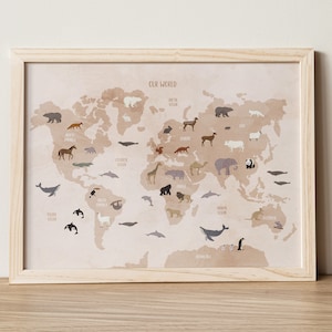 Mappa del mondo degli animali, Animali della mappa del mondo, Poster della mappa del mondo, Animali del mondo, Arte murale della mappa del mondo, Poster educativi, Regalo di Natale