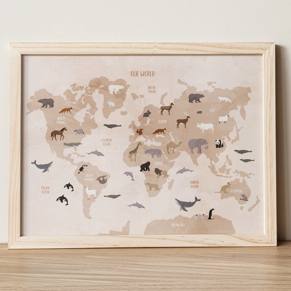 Animal World Map, World Map Animals, World Map Poster, Animals Of The World, World Map Wall Art, Educational Posters, Christmas Gift