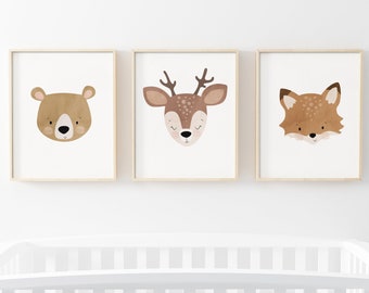 3 Piece Wall Art, Deer Painting, Fox Nursery Wall Art, Bear Nursery Print, Fox Print, Gallery Wall Set, Woodland Nursery, Triptych Wall Art