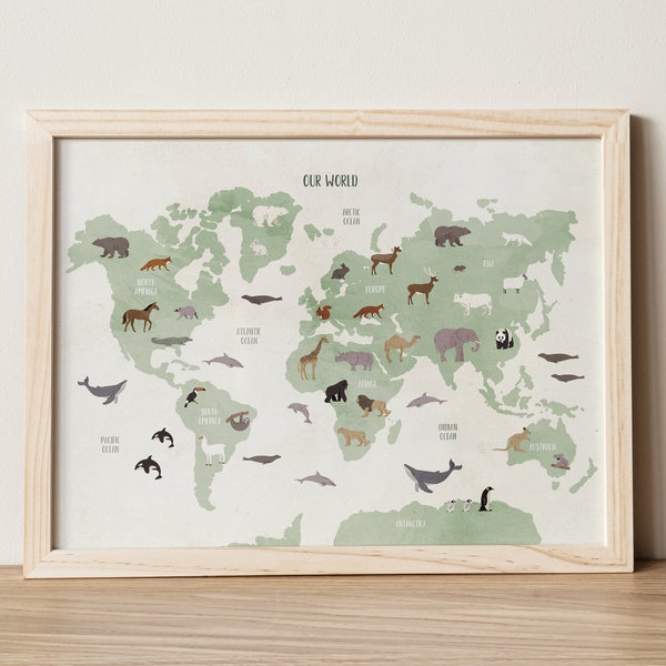 Animal World Map, World Map Poster, Nursery World Map, World Map Animals, Green World Map Wall Art, Educational Posters, Christmas Gift