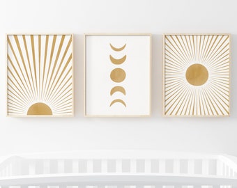 Zon en maan-kunstprintset: boho modern muurdecor uit het midden van de eeuw (digitale download)