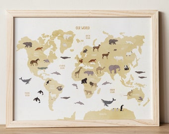 Animal World Map Poster: Educational Nursery Wall Art (Digital Download)