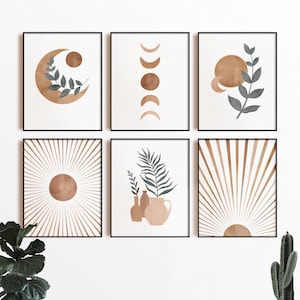 Rising Sun, Set Of 6 Boho Prints, Abstract Gallery Wall Set, Sun Printable, Moon Phases, Botanical Poster, Mid Century Modern, DIGITAL image 3