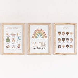Arte de pared de 3 piezas, Rincón calmante, Estrategias calmantes, Carteles educativos, Emociones, Gráfico de sentimientos, Decoración del aula, Arte de pared Montessori