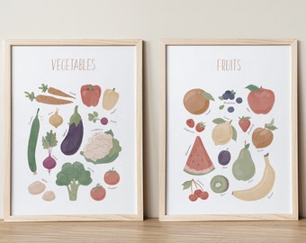 Vegetable Poster, Vegetable Print, Set Of 2 Prints, Fruits And Veggies, Educational Posters, Vegan Art, Montessori, Classroom Decor, DIGITAL