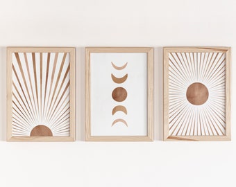 Zon en maan-printset: boho moderne muurkunst uit het midden van de eeuw (digitale download)