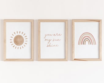 Boho Nursery Decor Girl, You Are My Sunshine, 3 Piece Wall Art, Girls Print Set, Gallery Wall Set, Rainbow Wall Decor, Set Of 3 Prints