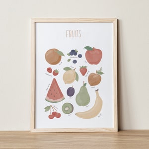 Obst-Druck, Obst-Kunst, Lernposter, vegane Kunst, Montessori-Drucke, Klassenzimmerdekor, Restaurantdekor, herunterladbare Drucke Boho